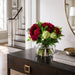10.5"Hx11"W Mixed Ranunculus, Peony & Ruscus Leaf Silk Flower Arrangement w/Glass Vase -Burgundy/Green - WF0735-BU/GR