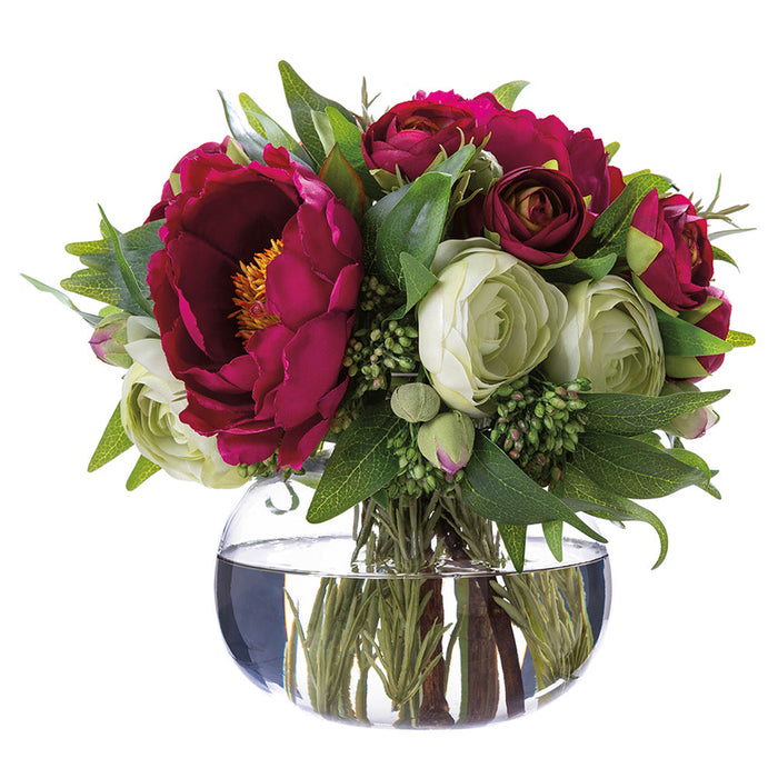 10.5"Hx11"W Mixed Ranunculus, Peony & Ruscus Leaf Silk Flower Arrangement w/Glass Vase -Burgundy/Green - WF0735-BU/GR