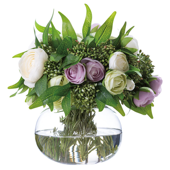10.5"Hx11"W Mixed Ranunculus, Berry & Ruscus Leaf Silk Flower Arrangement w/Glass Vase -Cream/Lavender - WF0737-CR/LV