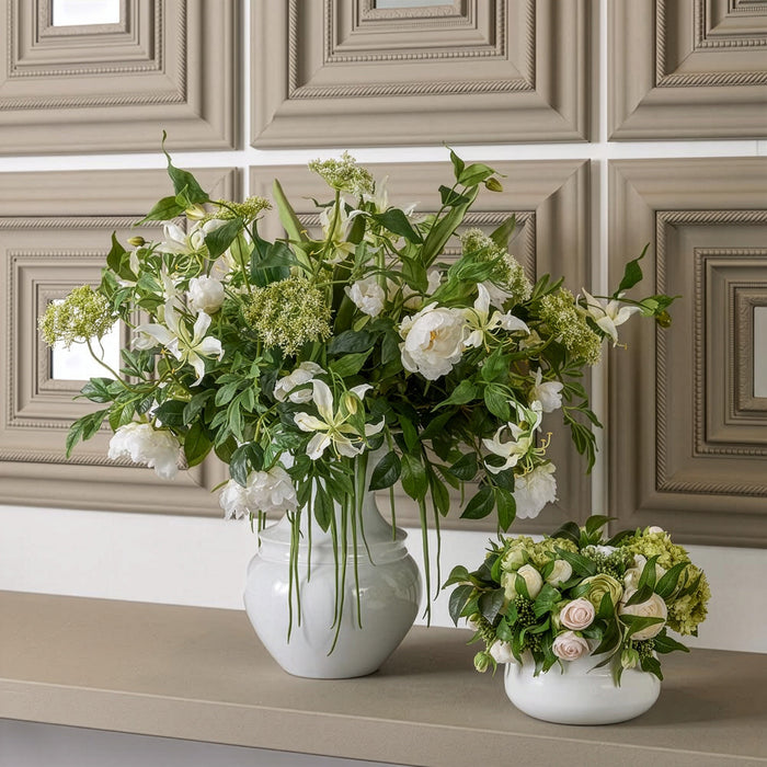 30.5"Hx40"W Mixed Gloriosa, Peony & Queen Anne Lace Silk Flower Arrangement w/Ceramic Vase -White/Green - WF0741-WH/GR