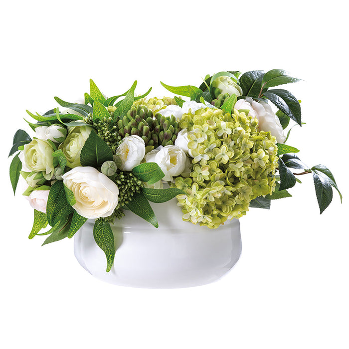 10.5"Hx18"W Ranunculus, Hydrangea & Bud Silk Flower Arrangement w/Metal Container -Cream/Peach - WF0744-CR/PE