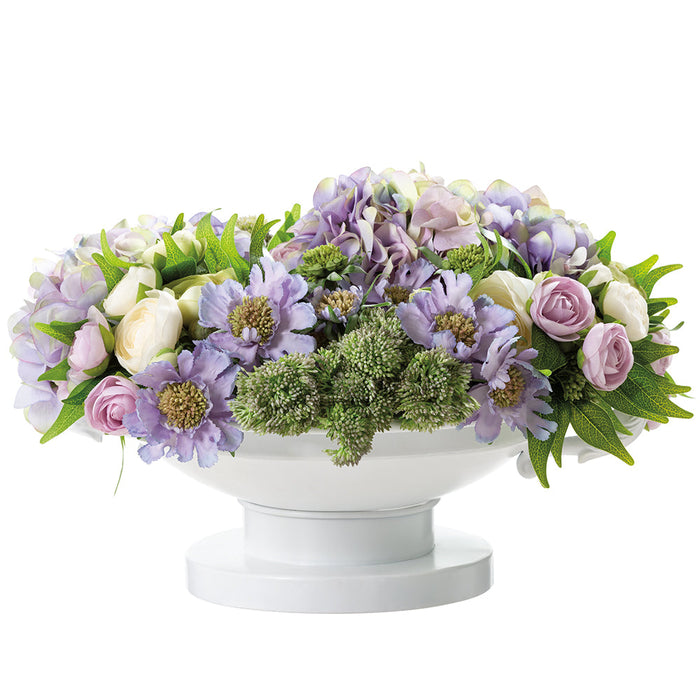 12.5"Hx20"W Ranunculus, Hydrangea & Scabiosa Silk Flower Arrangement w/Metal Urn -Cream/Lavender - WF0745-CR/LV