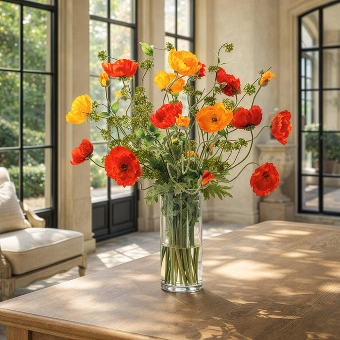 36"Hx38"W Large Mixed Poppy Silk Flower Arrangement w/Tall Glass Vase -Orange/Red - WF0752-OR/RE