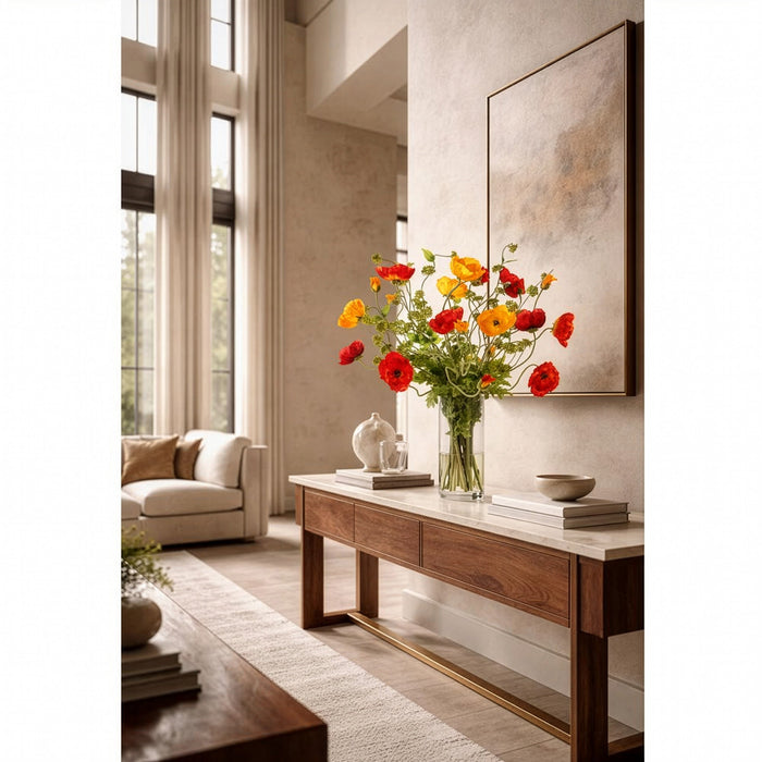 36"Hx38"W Large Mixed Poppy Silk Flower Arrangement w/Tall Glass Vase -Orange/Red - WF0752-OR/RE