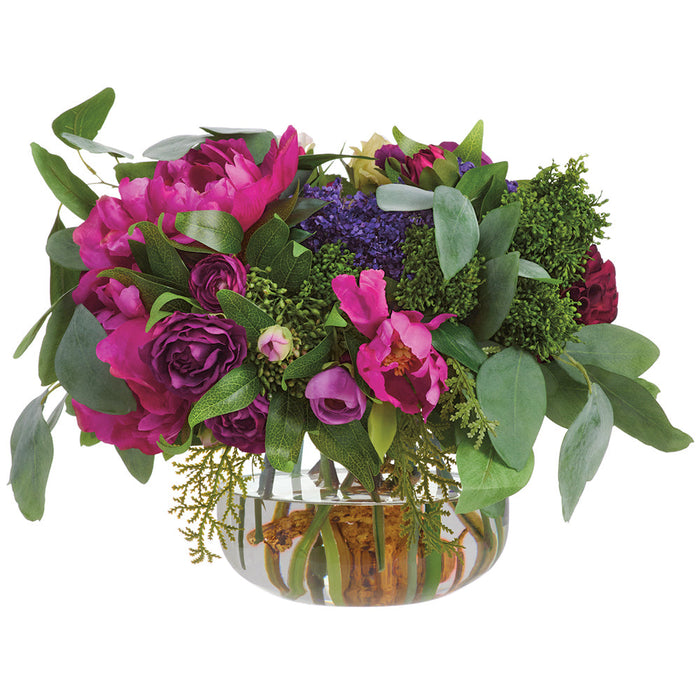 13"Hx20"W Peony, Rose, Ranunculus & Dahlia Silk Flower Arrangement w/Glass Vase -Mixed Colors - WF0753-MX