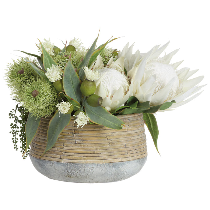 13.5"Hx22"W Protea & Eucalyptus Silk Flower Arrangement w/Cement Planter -Cream/Green - WF0754-CR/GR