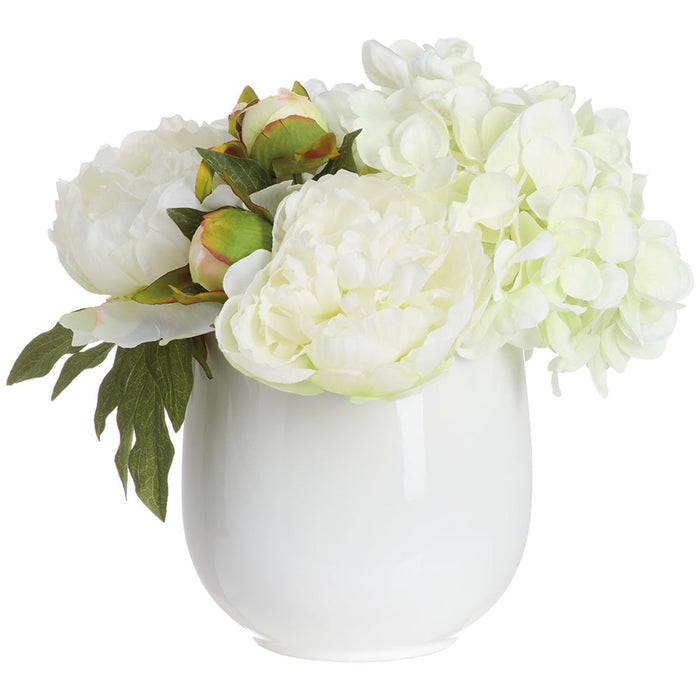 11"Hx12"W Hydrangea & Peony Silk Flower Arrangement w/Ceramic Vase -White - WF0758-WH