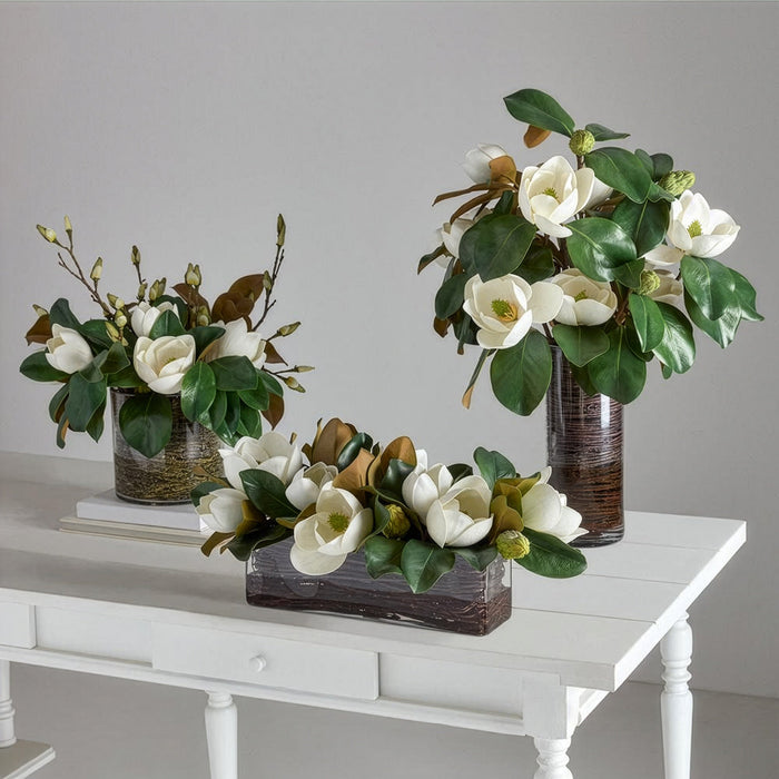 12"Hx26"W Magnolia Silk Flower Arrangement w/Glass Vase -White/Green - WF0760-WH/GR