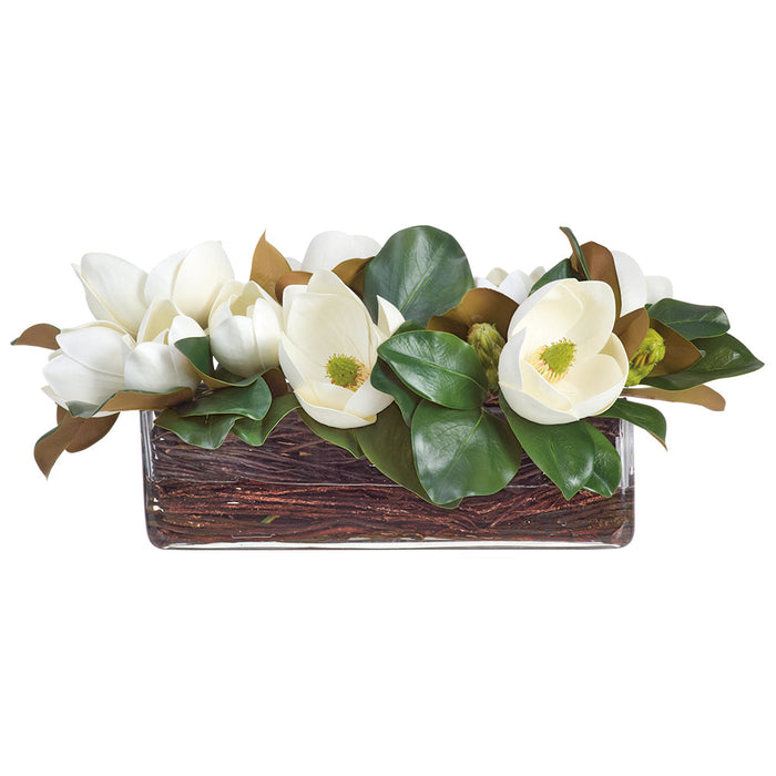 12"Hx26"W Magnolia Silk Flower Arrangement w/Glass Vase -White/Green - WF0760-WH/GR