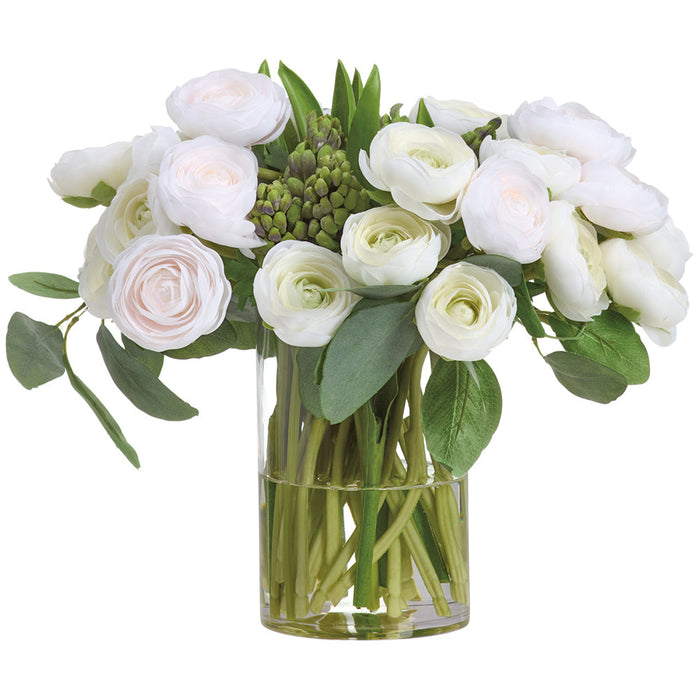14"Hx16"W Ranunculus Silk Flower Arrangement w/Glass Vase -Cream/Green - WF0762-CR/GR