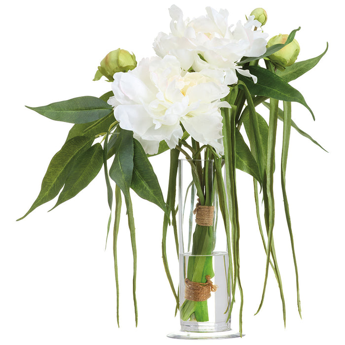 18"Hx16"W Peony & Grass Silk Flower Arrangement w/Glass Vase -White/Green - WF0763-WH/GR