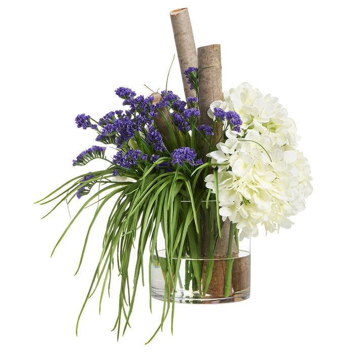 22"Hx24"W Hydrangea & Statice Silk Flower Arrangement w/Glass Vase -White/Purple - WF0778-WH/PU