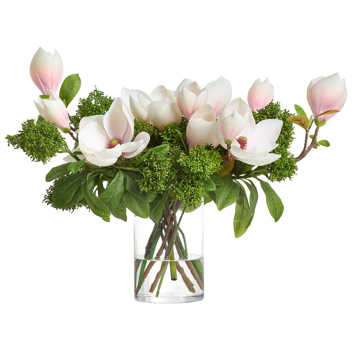17"Hx20"W Magnolia & Sedum Silk Flower Arrangement w/Glass Vase -Pink/Blush - WF0780-PK/BS