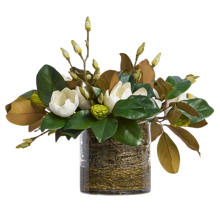 19"Hx24"W Magnolia & Twig Silk Flower Arrangement w/Glass Vase -White - WF0782-WH