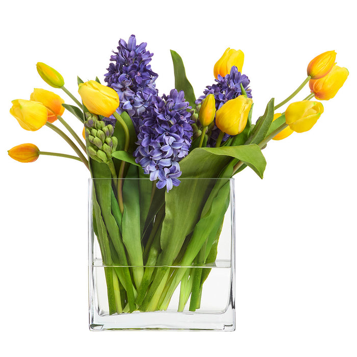 15.5"Hx18"W Tulip & Hyacinth Silk Flower Arrangement w/Glass Vase -Blue/Yellow - WF0787-BL/YE