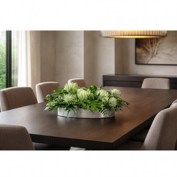 11"Hx30"W Protea & Philo Leaf Silk Flower Arrangement w/Metal Planter -Cream/Green - WF0790-CR/GR