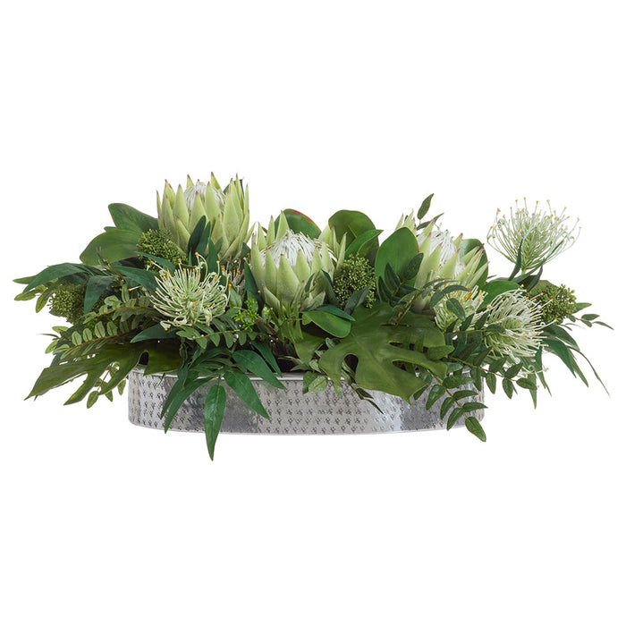 11"Hx30"W Protea & Philo Leaf Silk Flower Arrangement w/Metal Planter -Cream/Green - WF0790-CR/GR
