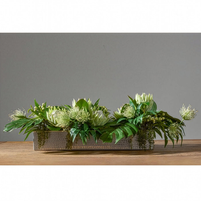 13"Hx44"W Protea & Philo Leaf Silk Flower Arrangement w/Metal Planter -Cream/Green - WF0791-CR/GR