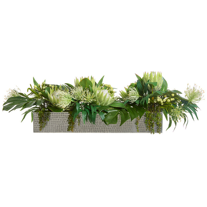 13"Hx44"W Protea & Philo Leaf Silk Flower Arrangement w/Metal Planter -Cream/Green - WF0791-CR/GR