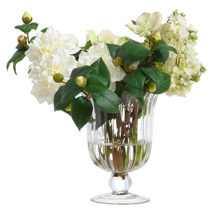 15"Hx17"W Helleborus, Lilac & Camelia Silk Flower Arrangement w/Glass Vase -Green/Cream - WF0792-GR/CR