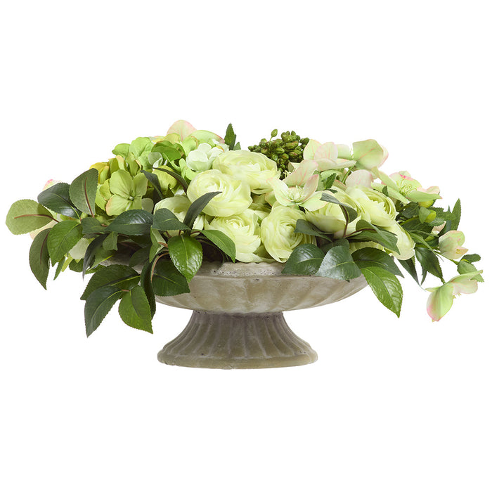 10"Hx22"W Helleborus, Ranunculus & Hydrangea Silk Flower Arrangement w/Cement Plate -2 Tone Green - WF0793-GR/TT