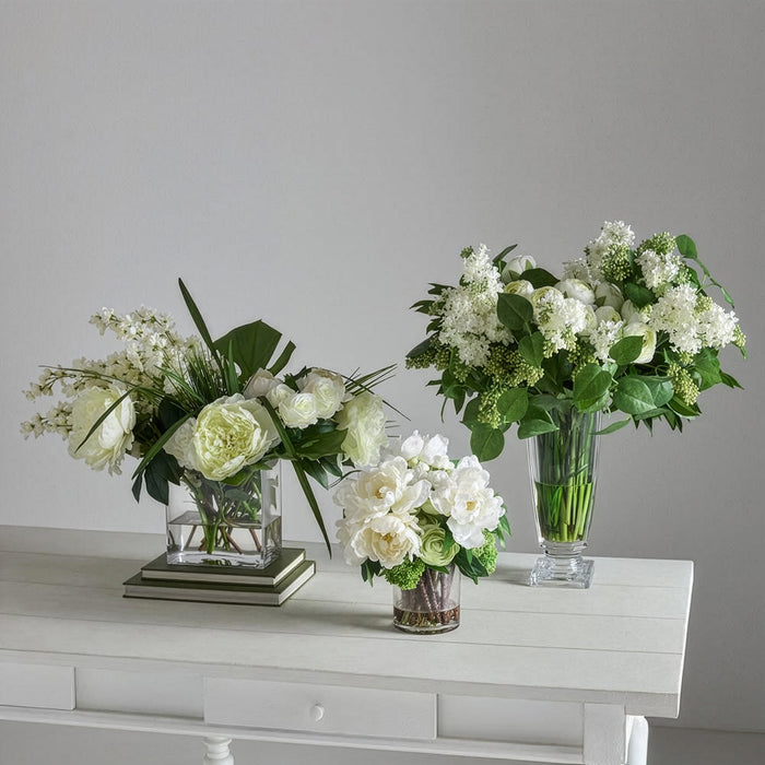 21"Hx27"W Larkspur, Peony & Rose Silk Flower Arrangement w/Glass Vase -Cream/White - WF0795-CR/WH