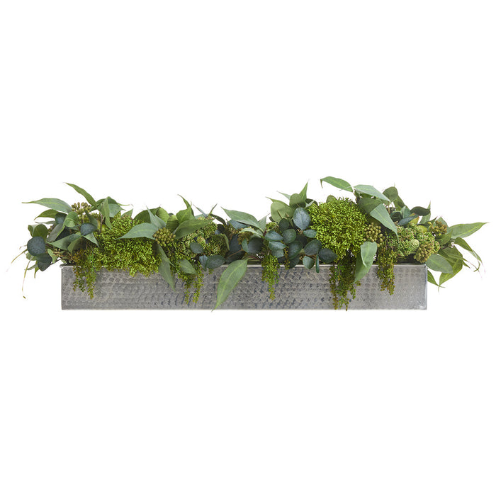 11"Hx45"W Eucalyptus Leaf & Sedum Artificial Flower Arrangement w/Long Metal Planter -2 Tone Green - WF0796-GR/TT