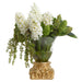17"Hx12"W Hyacinth, Lilac & Sedum Silk Flower Arrangement w/Glass Vase & Cement Base -White/Green - WF0798-WH/GR