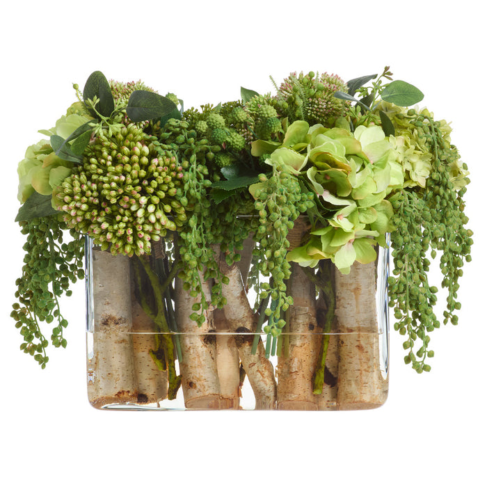 13"Hx20"W Hydrangea, Sedum & Twig Silk Flower Arrangement w/Glass Vase -2 Tone Green - WF0803-GR/TT