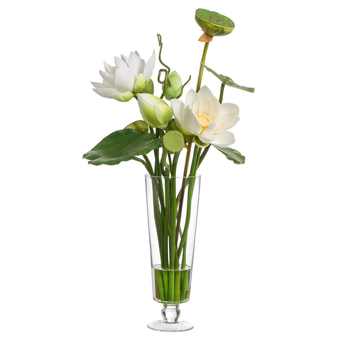 32"Hx18"W Lotus & Pod Silk Flower Arrangement w/Glass Vase -White/Green - WF0804-WH/GR
