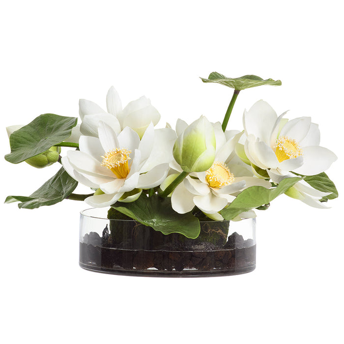 13"Hx21"W Lotus Silk Flower Arrangement w/Glass Vase -White/Green - WF0805-WH/GR