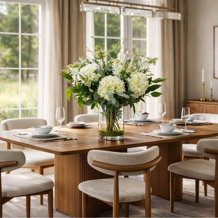 38"Hx36"W Hydrangea, Tuberose & Queen Anne's Lace Silk Flower Arrangement w/Glass Vase -Cream/Green - WF0811-CR/GR