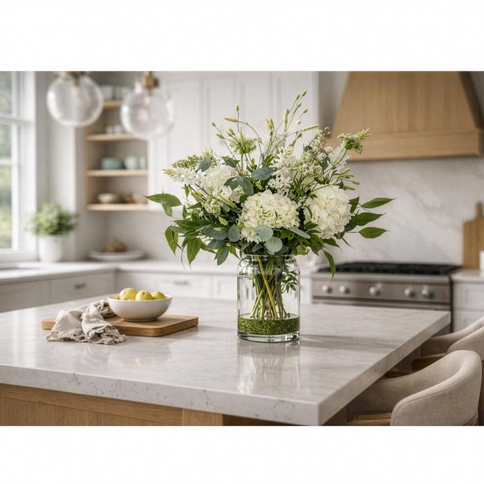 38"Hx36"W Hydrangea, Tuberose & Queen Anne's Lace Silk Flower Arrangement w/Glass Vase -Cream/Green - WF0811-CR/GR