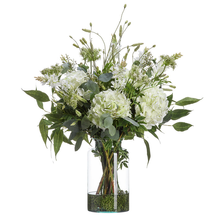 38"Hx36"W Hydrangea, Tuberose & Queen Anne's Lace Silk Flower Arrangement w/Glass Vase -Cream/Green - WF0811-CR/GR