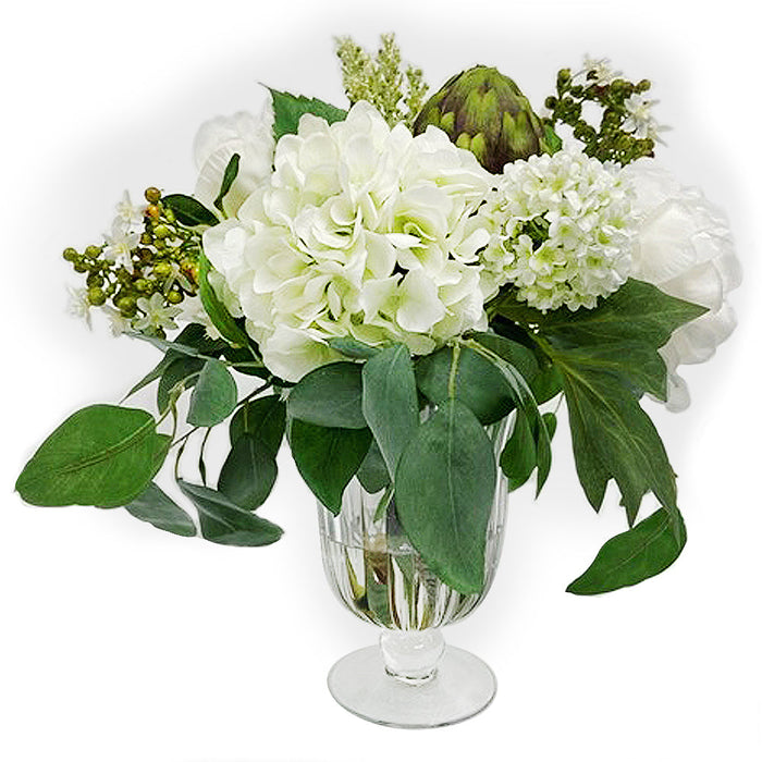 16"Hx19"W Hydrangea, Peony & Artichoke Silk Flower Arrangement w/Glass Vase -White/Green - WF0813-WH/GR