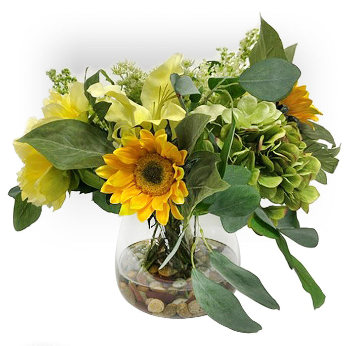 17"Hx23"W Hydrangea, Peony & Sunflower Silk Flower Arrangement w/Glass Vase -Yellow/Green - WF0815-YE/GR