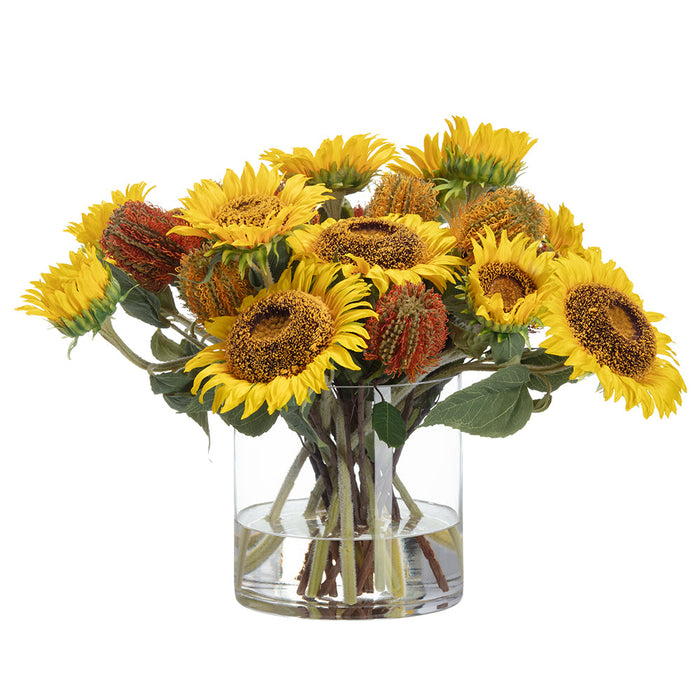 17"Hx24"W Sunflower & Banksia Protea Silk Flower Arrangement w/Glass Vase -Yellow/Orange - WF0819-YE/OR