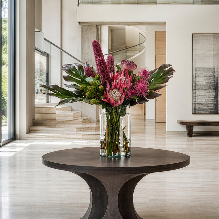 29"Hx30"W Protea, Banksia & Monstera Silk Flower Arrangement w/Glass Vase -Pink/Green - WF0821-PK/GR