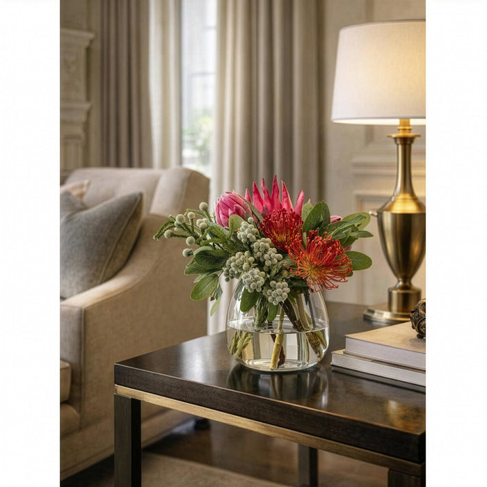 13"Hx16"W Protea Silk Flower Arrangement w/Glass Vase -Pink/Green - WF0822-PK/GR