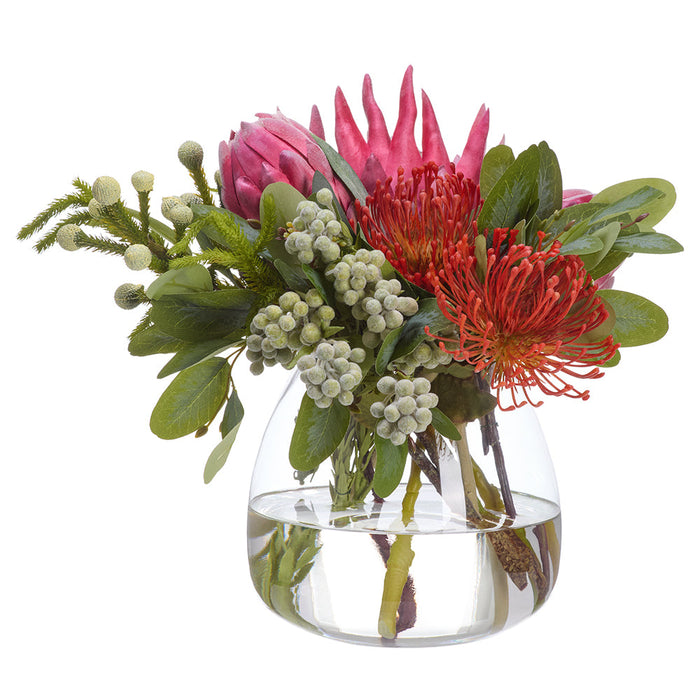 13"Hx16"W Protea Silk Flower Arrangement w/Glass Vase -Pink/Green - WF0822-PK/GR