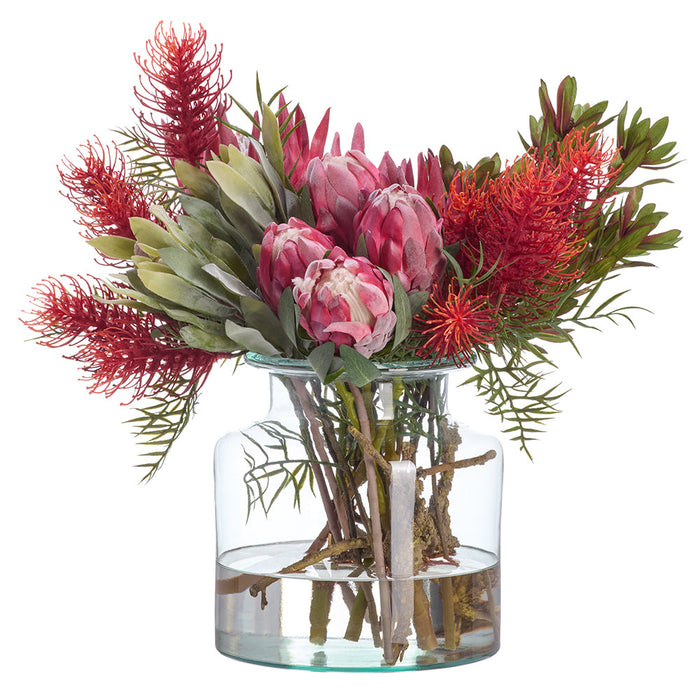 21"Hx20"W Protea & Banksia Silk Flower Arrangement w/Glass Vase -Pink/Green - WF0823-PK/GR