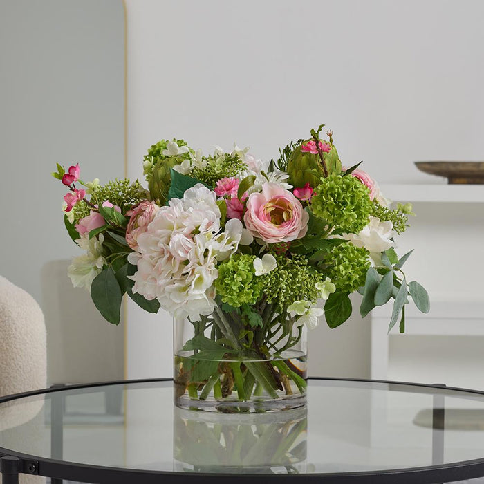 17"Hx22"W Hydrangea, Ranunculus & Gerbera Silk Flower Arrangement w/Glass Vase -White/Pink - WF0824-WH/PK