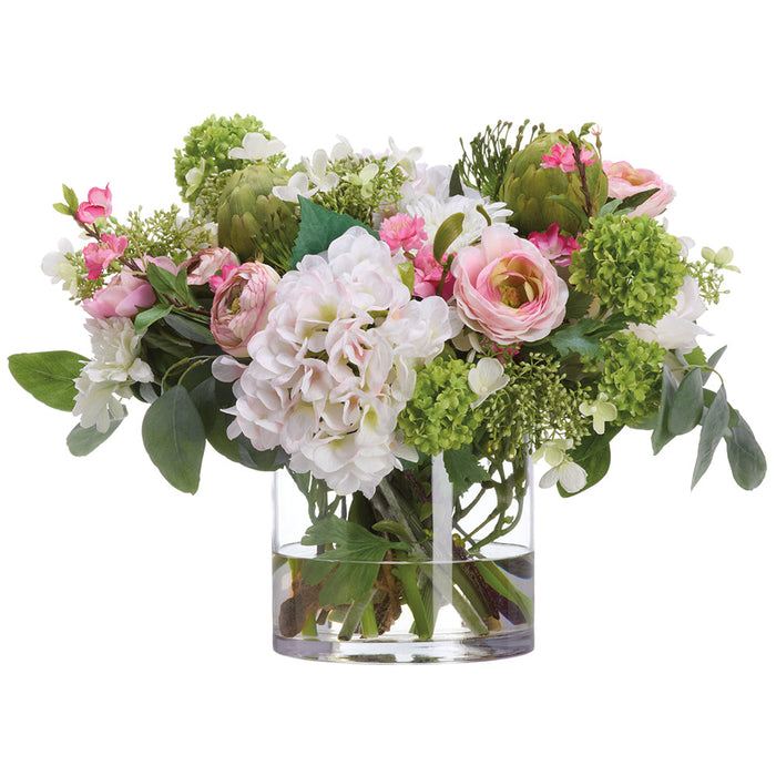 17"Hx22"W Hydrangea, Ranunculus & Gerbera Silk Flower Arrangement w/Glass Vase -White/Pink - WF0824-WH/PK