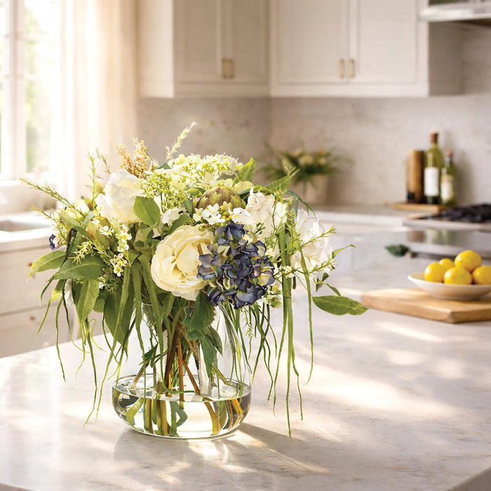 22"Hx26"W Peony & Hydrangea Silk Flower Arrangement w/Glass Vase -White/Blue - WF0825-WH/BL
