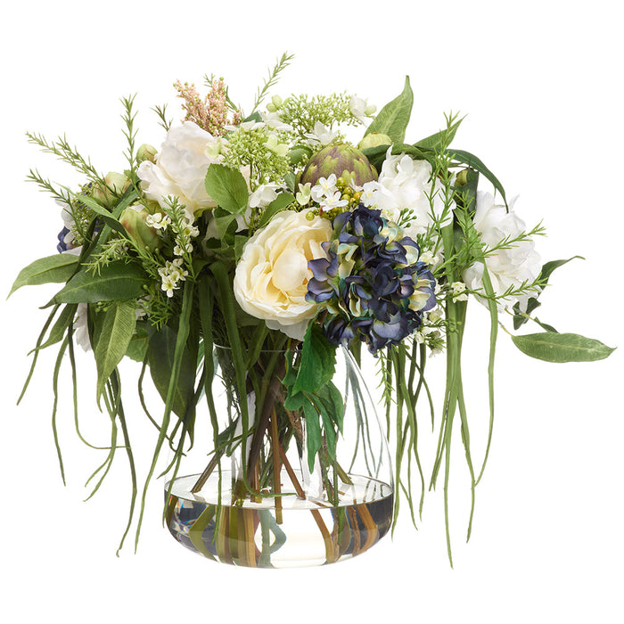 22"Hx26"W Peony & Hydrangea Silk Flower Arrangement w/Glass Vase -White/Blue - WF0825-WH/BL