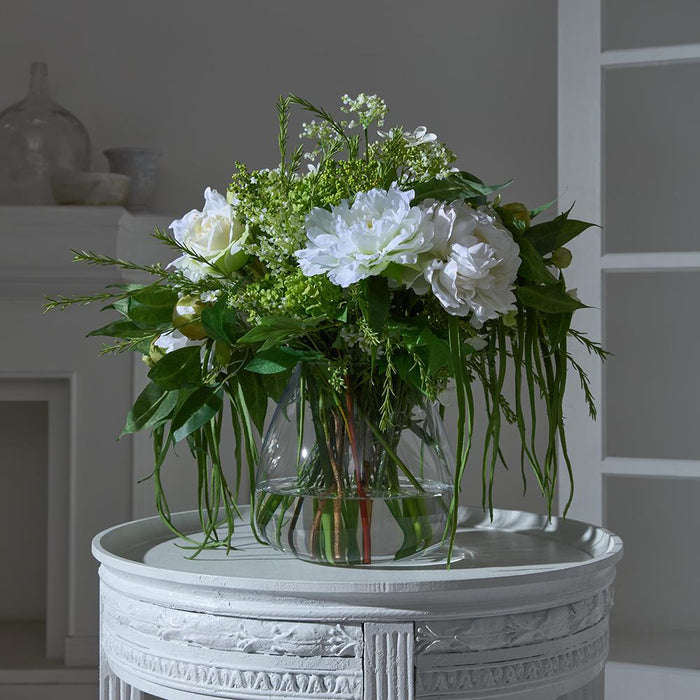 23"Hx26"W Peony, Rose & Amaryllis Silk Flower Arrangement w/Glass Vase -White/Green - WF0825-WH/GR