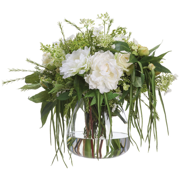 23"Hx26"W Peony, Rose & Amaryllis Silk Flower Arrangement w/Glass Vase -White/Green - WF0825-WH/GR