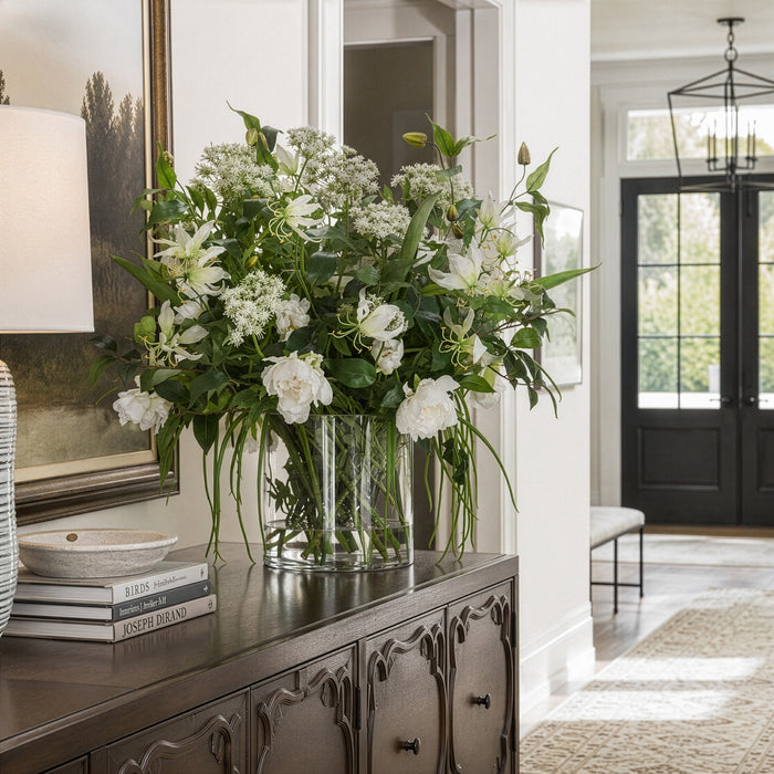 30"Hx30"W Gloriosa, Peony & Queen Anne's Lace Silk Flower Arrangement w/Glass Vase -White/Green - WF0826-WH/GR