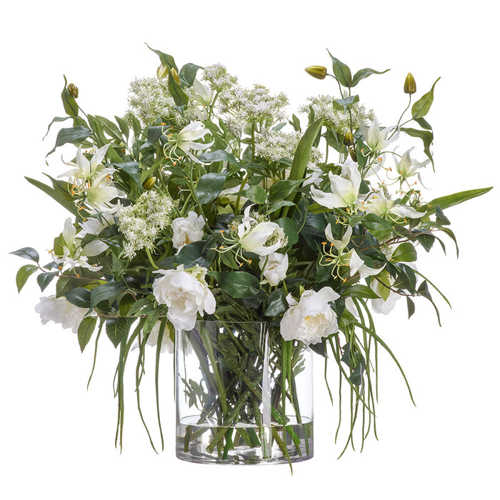 30"Hx30"W Gloriosa, Peony & Queen Anne's Lace Silk Flower Arrangement w/Glass Vase -White/Green - WF0826-WH/GR