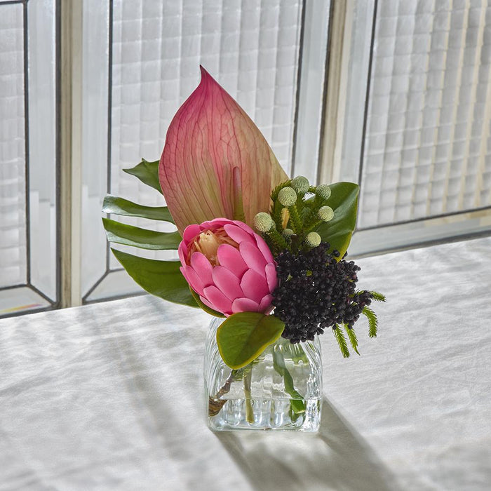 9.5"Hx15"W Protea, Anthurium, Philo Leaf & Sedum Silk Flower Arrangement w/Glass Vase -Pink/Green - WF0829-PK/GR